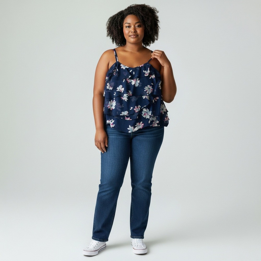 Torrid Floral Ruffle Tiered Cami Top Size 0 Navy Blue Chiffon Sleeveless Blouse